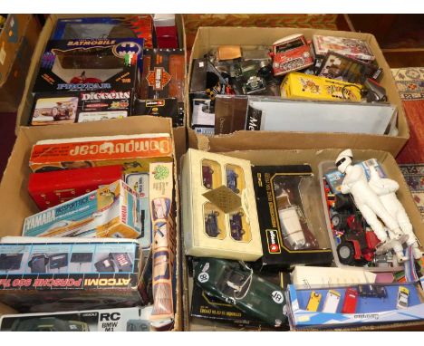 Four boxes of mixed model and car related books, diecast vehicles, DVDs and other associated toys and effects