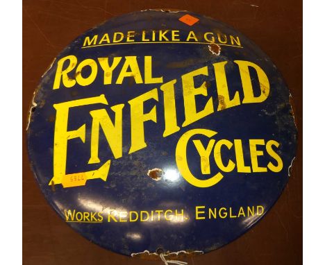 Convex enamel advertising sign for Royal Enfield Cycles, dia. 29cm