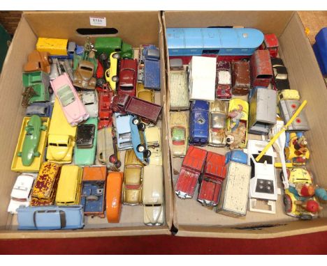 Two trays containing a quantity of mixed playworn vintage diecasts to include Corgi Toys and Dinky Toys, some examples repain
