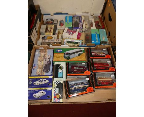 Two trays containing a quantity of mixed modern issue diecast to include EFE buses, and Corgi public transport coaches