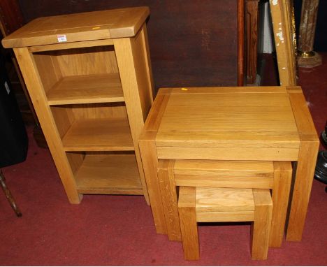 A contemporary small light oak low narrow freestanding open bookshelf, width 49.5cm, together with a collection of three matc