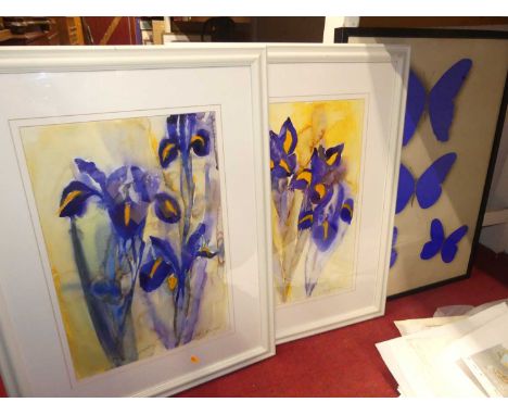 Jiri Kolar (Czech 1914-2002) - Blue butterflies, chromo-lithograph; and Julia Robinson - Pair Studies of Irises, watercolours