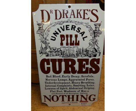An enamel advertising sign for Dr Drake's Pill Cures, 30.5 x 18cm
