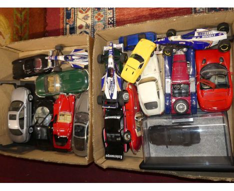 Two boxes containing a collection of mainly  1/18 and 1/24 scale loose diecast vehicles