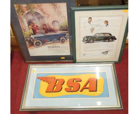 Assorted motoring interest prints to include advertising poster print for Wolseley, BSA and others 