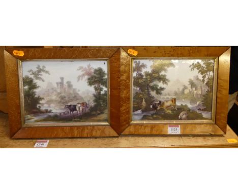 Late 19th century school - Pair; Cattle watering in a landscape, chromo-lithograph prints on opaque glass, 16 x 21cm 