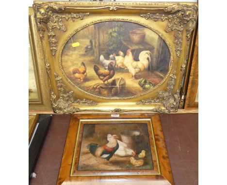 After Edgar Hunt - Chickens in a farmyard, reproduction oleograph, 30x40cm, together with one other reproduction oil on panel