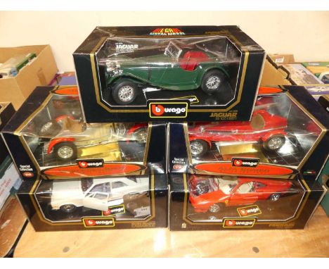 Five boxed Bburago 1/18 scale diecast vehicles to include a 1984 Ferrari GTO