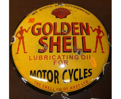 Convex enamel advertising sign for Golden Shell Lubricating Oil for Motorcycles, dia. 29cm