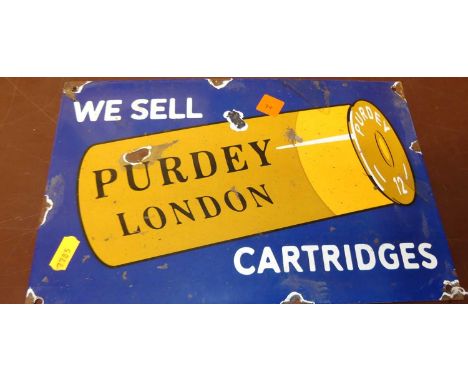 Enamel advertising sign for Purdy of London Shotgun Cartridges, 20x30cm