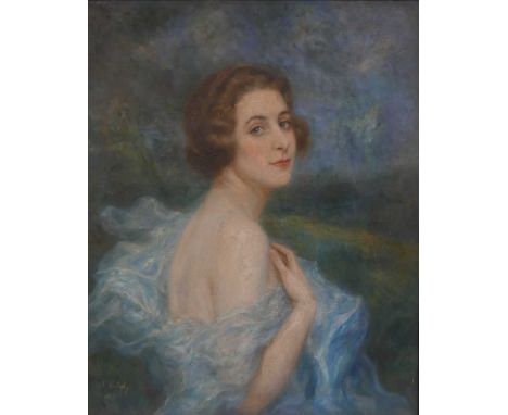1920s French school - Half-length profile portrait of a woman wearing a blue flowing frock, oil on canvas, indistinctly signe