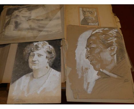 A folio of assorted portrait sketches in charcoal and gouache, variously signed Roca Stella, Roca and Pancho, the folder titl