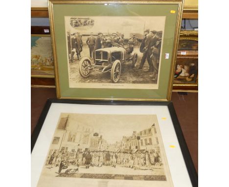 After R Gane - Braintree Market, monochrome steel engraving, together with Grand Prix Des Voiturettes, 1908, monochrome photo