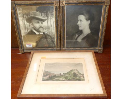 A pair of monochrome portrait prints; together with a topographical engraving (3)