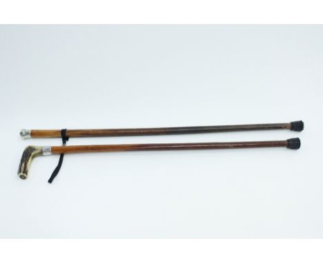 A walking stick with a silver collar and an antler handle, along with a malacca cane, with a silver top