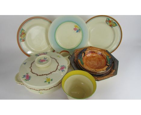 A Clarice Cliff "Cafe Au Lait" octagonal bowl, along with five bowls, a crocus pattern bowl, coffee can and saucer, three pla