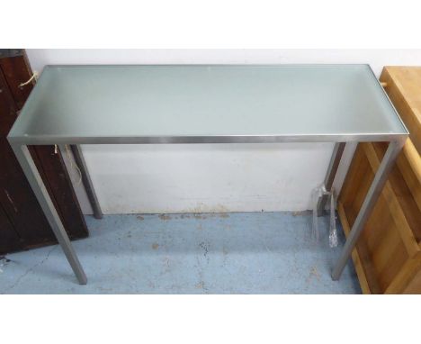 CONSOLE TABLE, rectangular frosted glass top on brushed metal frame, 120cm L x 40cm W x 92cm H. 