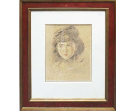 AFTER CESAR HELLEU 'Portrait of a young girl', pencil drawing, signed, 25cm x 20cm, framed and glazed.