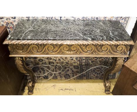 CONSOLE TABLE, Victorian the green marble top on a carved giltwood base with two scroll supports, 40cm x 118cm x 90cm H. (wit