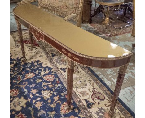 CONSOLE TABLE, of large proportions, D shaped with carved gilt detail and an inlaid glass top, 42cm D x 87cm H x 197cm W.