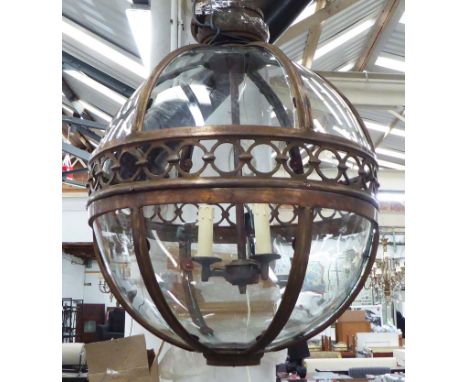 HANGING LANTERN THREE BRANCH, of globe form in a bronze effect frame 76cm H, plus chain.