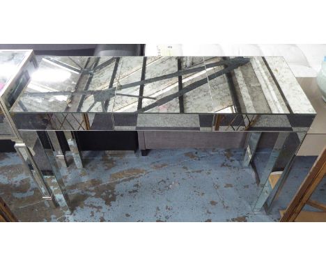 MIRRORED CONSOLE TABLE, in antiqued glass, 46cm D x 127cm W x 87cm H.