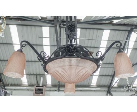 CHANDELIER, French, Art Deco style, pale pink glass shades on wrought iron frame, glass signed Schneider, 70cm H. (with fault