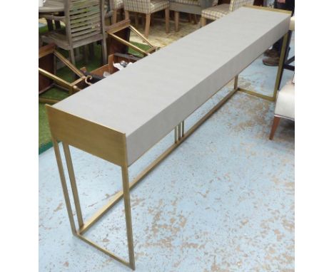 CONSOLE TABLE, the grey padded top on a bronze base, 227cm W x 45cm D x 85cm H. 