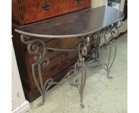 CONSOLE TABLE, Continental style metal framed with a demi-lune granite top, 125cm W x 82cm H x 43cm D.