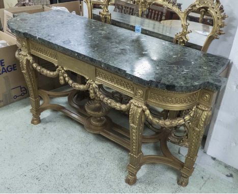 CONSOLE TABLE, Victorian manner of substantial proportions, the shaped verde antico marble top on a gilt base with carved dec