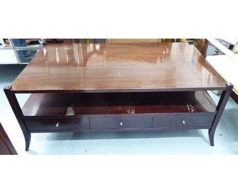 LOW TABLE, darkwood with open shelf and three short drawers, 125cm H x 70cm W x 50cm H.