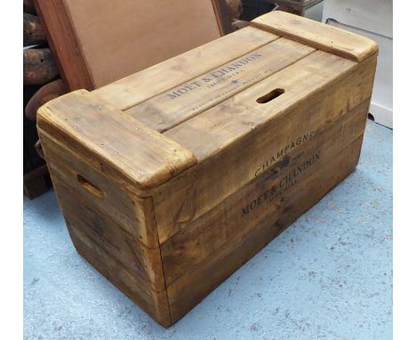TRUNK, with lift up lid in reclaimed wood with Moet & Chandon label to top, 95cm x 45cm x 51cm H.