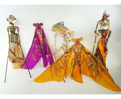 INDONESIAN PUPPETS, five various including dancers and bats, tallest puppet 63cm H. (5) (with faults)