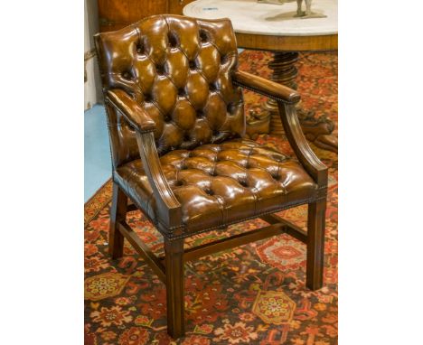GAINSBOROUGH LIBRARY ARMCHAIRS, a pair, George III design, mahogany in hand finished and deep button upholstered leaf brown l