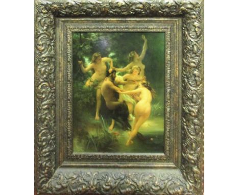 AFTER WILLIAM - ADOLPHE BOURGUEREAU, 'Nymphs and Satyr', on ceramic, 40cm x 29cm, framed. 
