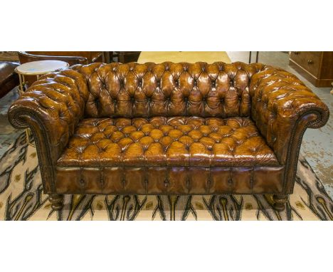 CHESTERFIELD SOFA, vintage hand finished and deep button upholstered leaf brown leather with curved back and arms, 175cm W.