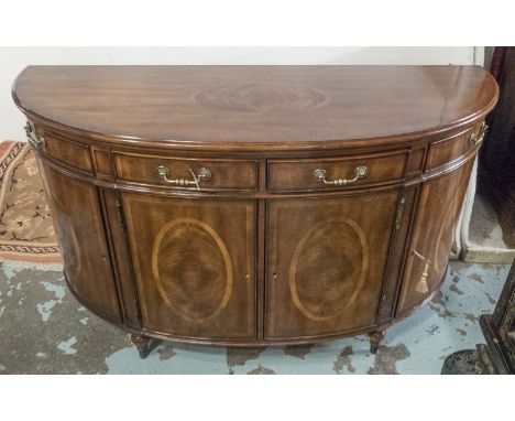 DEMI LUNE SIDE CABINET, Regency style mahogany with oval inlaid detail and four drawers above four doors, 152cm x 92cm H x 57