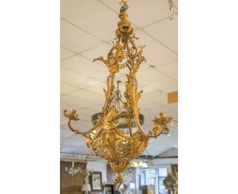 CHANDELIER, late 19th century, French, gilt metal of trellis basket design with three lights and cherub decoration, 50cm W x 