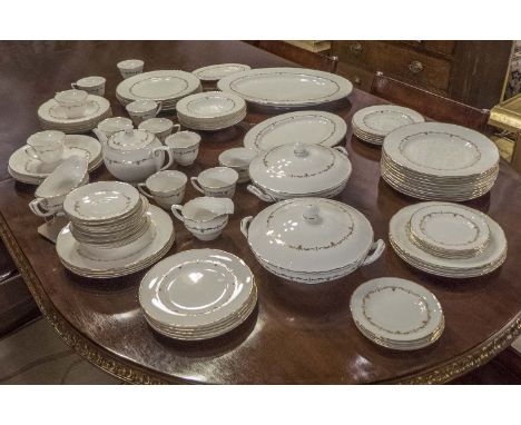 DINNER SERVICE, Royal Worcester English fine bone China, gold chantilly ten place, six piece setting with serving plates, dis