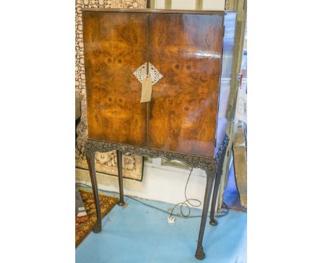 COCKTAIL CABINET, early 20th century English Queen Anne style burr walnut and silver metal mounted, lit interior on cabriole 