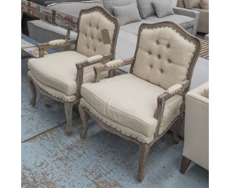 OPEN ARMCHAIRS, a pair, in neutral oatmeal button back fabric, 68cm W. (2)