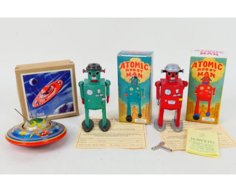 Atomic Robot Man, Other - 3 x boxed tin plate models - Lot includes a West German #562 'Apollo' Flying Saucer. A number 4185 