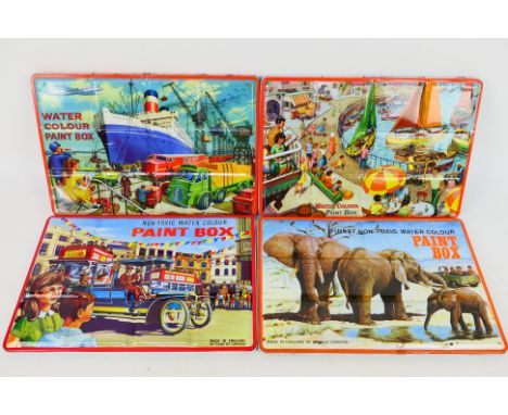 Page London - Vintage Paint Tins / Pallets. A selection of Four vintage 1950's era, lithographed water colour tin paint sets 