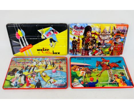 Page London - Vintage Paint Tins / Pallets. A selection of Four vintage 1950's era, lithographed water colour tin paint sets 