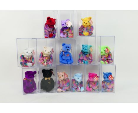TY Beanie babies, display cases - 14 x Beanie Babies in perspex display cases, To Include "The End", 11 "Birthday bears", "Mi