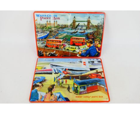 Page London - Vintage Paint Tins / Pallets. A selection of Two vintage 1950's era, lithographed water colour tin paint sets a