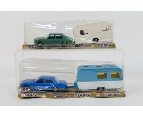 Norev - Two boxed 1:43 scale Norev Jet Car diecast and plastic vehicle &amp; caravan sets, comprising of a Peugeot 504 in gre