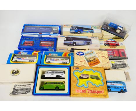 Corgi - Saico - Atlas - 14 x boxed vehicles including Ford 5000 tractor, Volvo FH curtainsider in 1:64 scale, Greyhound Ameri