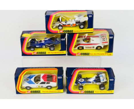 Corgi - 5 x boxed Corgi die-cast model vehicles - Lot includes a #150 Team Surtees T.S.9. A #323 Ferrari Daytona 365 GTB/4. A