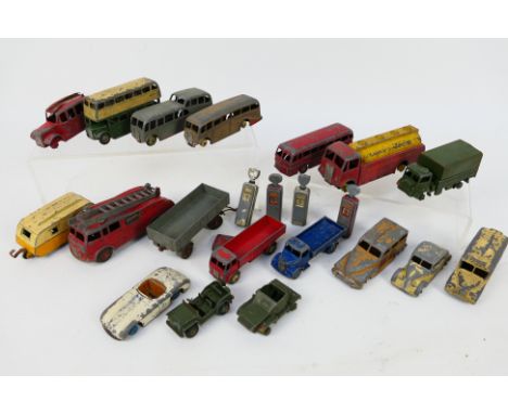 Dinky - 18 x unboxed vehicles including AEC Shell tanker # 591, Riley RM # 40a, Army wagon # 623 and similar others. The show